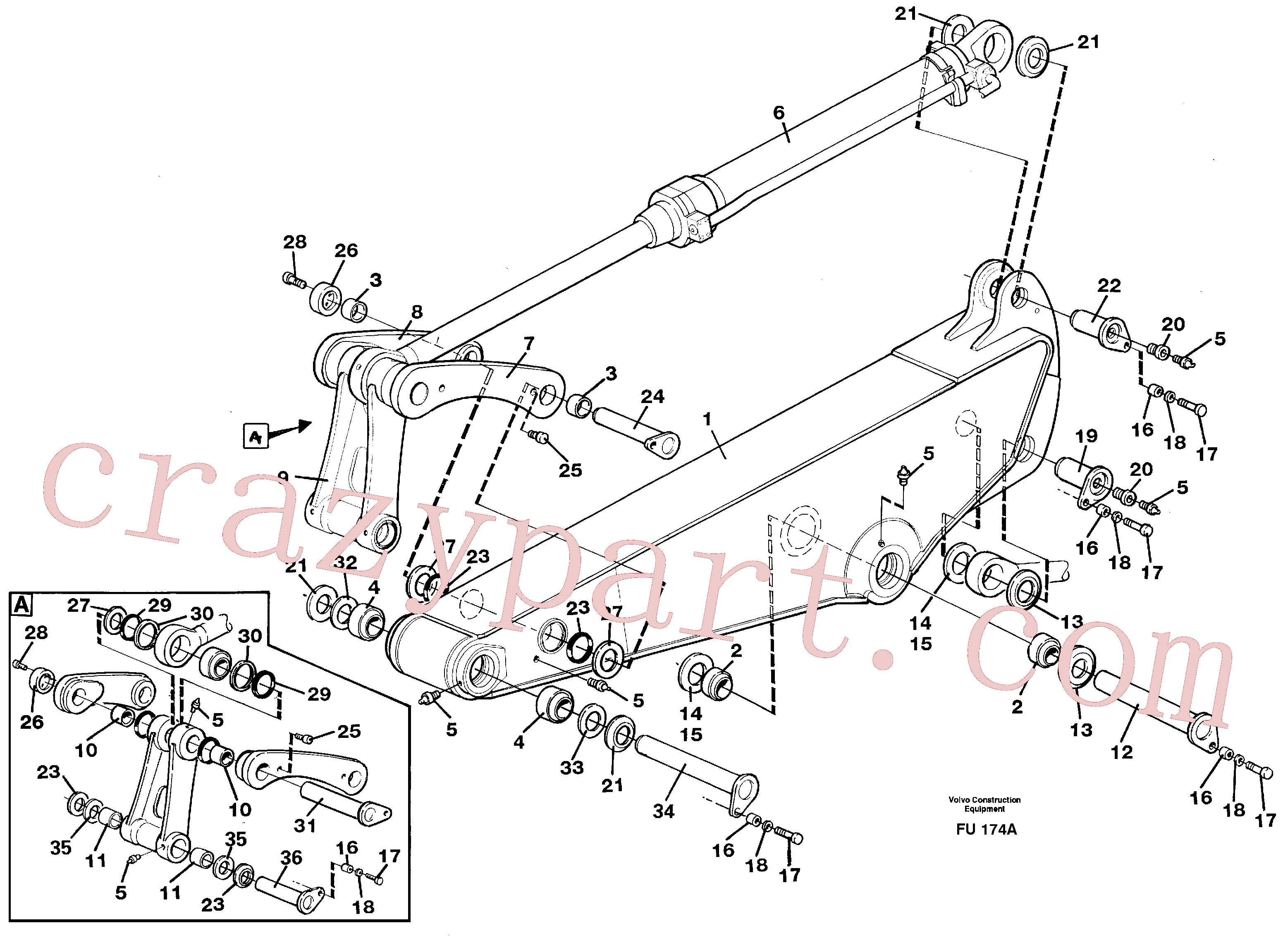 VOE14345080 for Volvo Backhoe dipper arm incl. connections, 2,2m 2,4m 2,9m 3,5m(FU174A assembly)